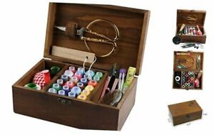 Sewing Kit Box Basket, Wooden Hand Home Sewing Repair Tool Kit, Retro Brown