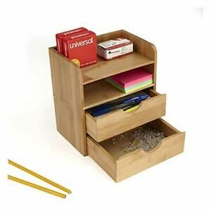 Desk Supplies Organizer with 2 Drawers, Bamboo Brown Brown 4 Compartment