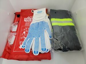 Lot of 2 Fire Emergency Blanket, Grip Gloves, Fire Blanket Safety Gloves, &amp; Hook