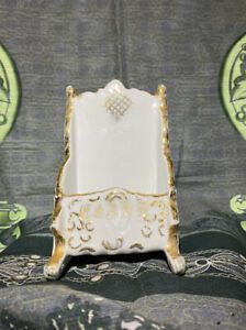 WHITE TALL CERAMIC BUSINESS DESK TOP CARD HOLDER Gold Script “CLARK” On Front
