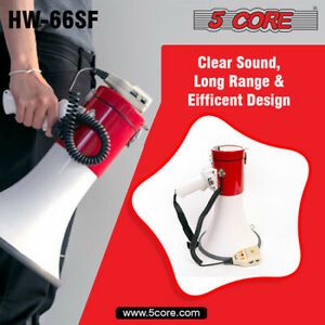 5 CORE 66SF Megaphone Bullhorn Loud Speaker, Hand Mic+ Record, Usb 1000 Yards