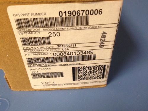 Molex ring nylakrimp funnel entry 0190670006 - boxes of 250 for sale