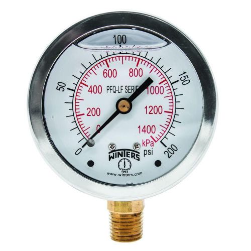 Winters pfq stainless steel liquid filled pressure gauge, 2.5&#034;, 0-200 psi/kpa for sale
