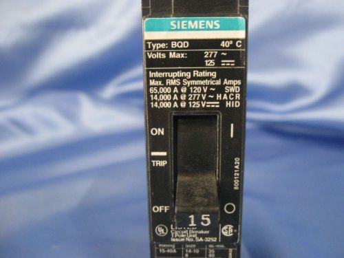 Siemens circuit breaker (bqd115) 15 amps 1 pole 277 vac, used for sale