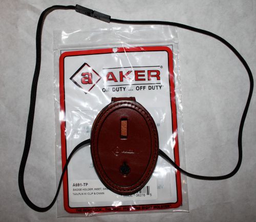 Tan aker leather badge holder a691-tp oval inset  shield w/ clip and nylon cord for sale