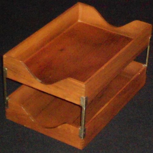 Wooden desk trays(2-tier) with brass hardware. vintage wood desktop organizer for sale
