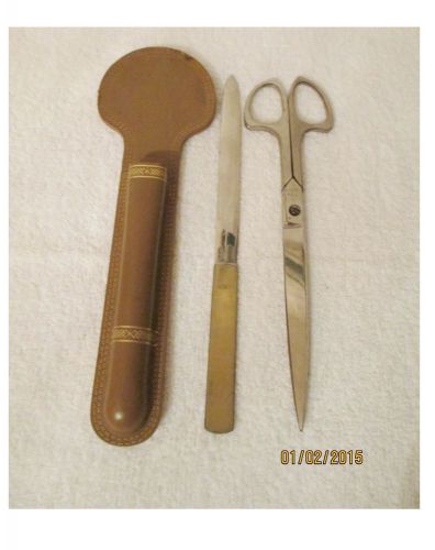 Vtg GERMAN Silver Scissor &amp; Letter Opener Set Unimart Leather Case Desk Office