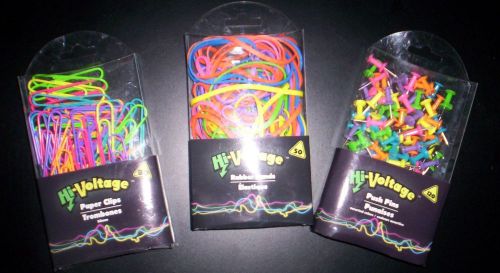 NEON COLORS~~120 PUSH PINS~80 LARGE PAPER CLIPS~50 RUBBER BANDS~TOTAL OF 3 ITEMS