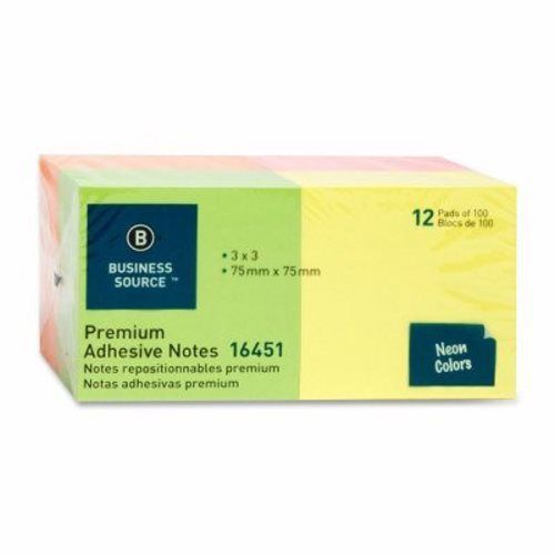 Business Source Adhesive Note Pads, 3&#034;x3&#034;, 100 Sheets, 12/PK, Neon (BSN16451)