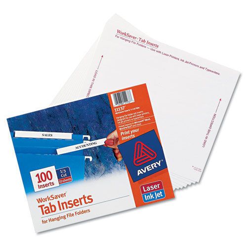 Laser/inkjet hanging file folder inserts, 1/3 tab, 3 1/2 inch, white, 100/pack for sale