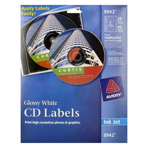 Avery  Inkjet CD/DVD Labels, Glossy White, 20/Pack, PK - AVE8942