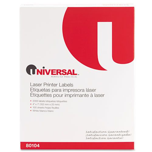 Universal Laser Printer Permanent Labels, 4 x 1 Label Size, White, 100 Sheets,