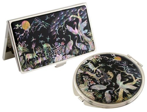 Nacre deer &amp; crane Business card holder case Makeup compact mirror gift set #43