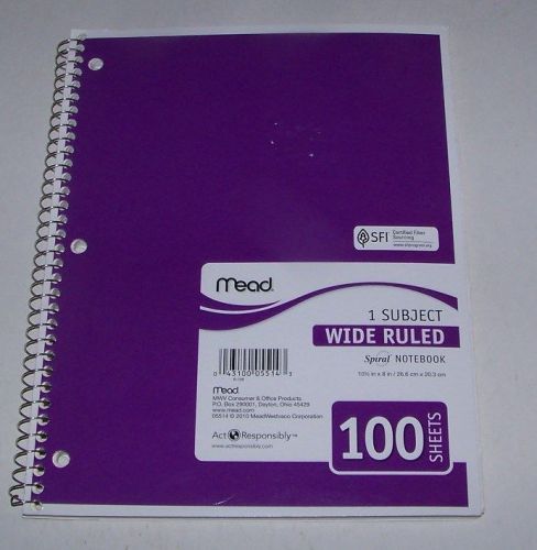 Mead  Spiral Notebook, 1-Subject Wide Rule 100 Sheets 10.5x8&#034; with Purple Cover