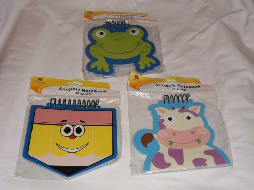 NEW Lot Of 3 Shapely Notebooks 60 Sheets Each Cow, Pencil &amp; Frog