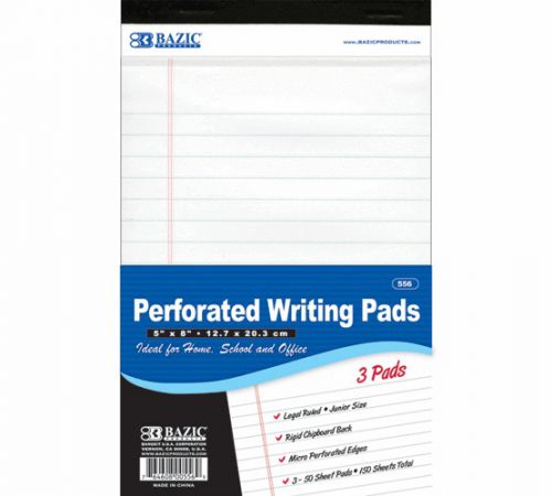 BAZIC 50 Ct. 5&#034; X 8&#034; White Jr. Perforated Writing Pad (3/Pack), Case of 24