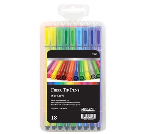 BAZIC 18 Color Washable Fiber Tip Pen, Case of 12