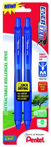 EnerGel-X Retractable Liquid Gel Pen 0.7mm Metal Tip Med - Blue Ink 2 Pack