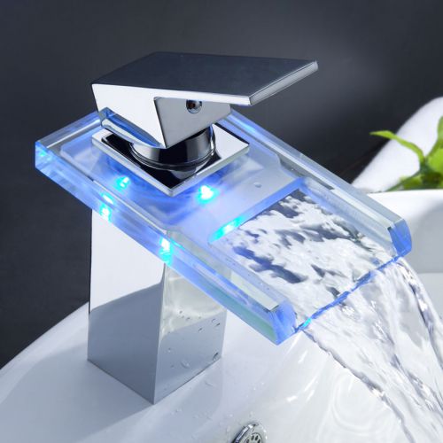 Modern LED Single Hole Waterfall Sink Faucet Chrome Glass Tap Free Shipping