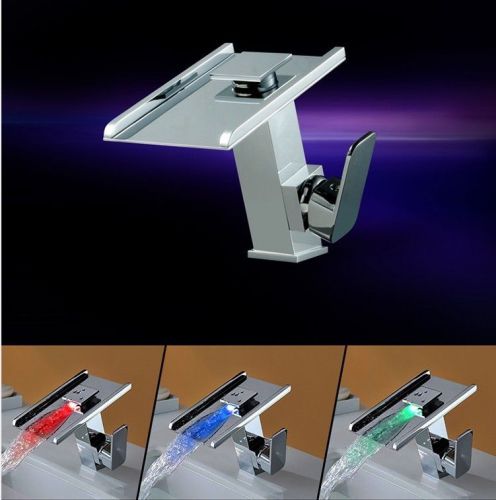 LED Square Waterfall Bathroom basin Sink single-in Mixer Tap brass faucet  45gf