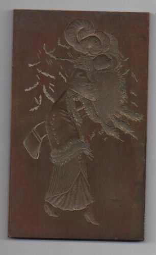 1915s copper printing plate elegant Victorian Edwardian lady in a wind storm