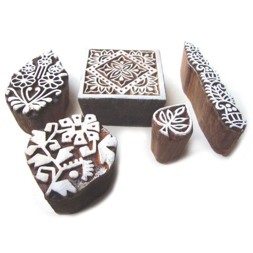 Hand Carved Floral Motifs Wooden Tags for Block Printing (Set of 5)