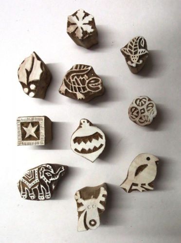 LOT OF 10 WOODEN HAND CARVED TEXTILE PRINTING FABRIC BLOCK STAMP GIFT FOR KIDS