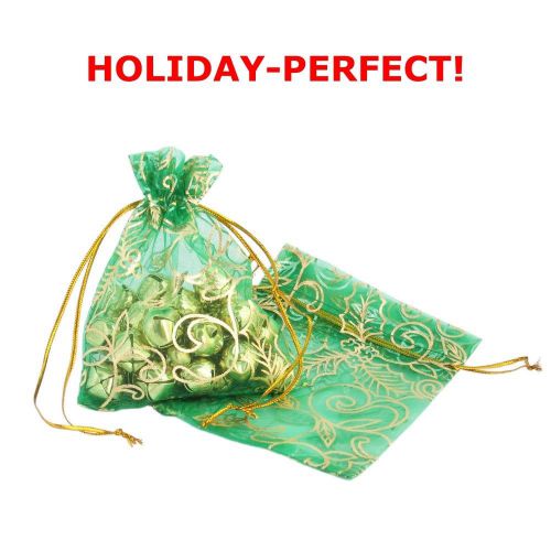 PACK OF 20! Organza Gift Bag Green With Gold Leaf Pattern