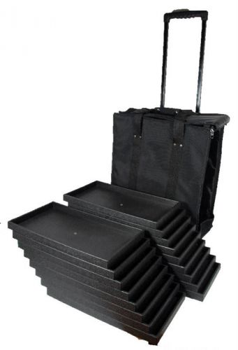 Canvas Rolling Salesman Travel Case With 17 Wood Sample Display Trays Organizer