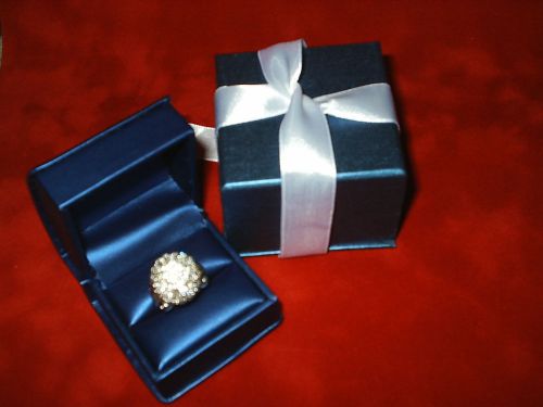 New fancy royal navy blue engagement ring / double rings gift box w/ ribbon box for sale