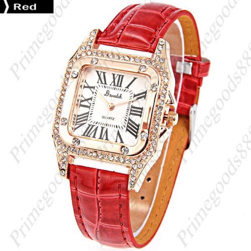 Square Rhinestones PU Leather Analog Quartz Wrist Wristwatch Women&#039;s Red
