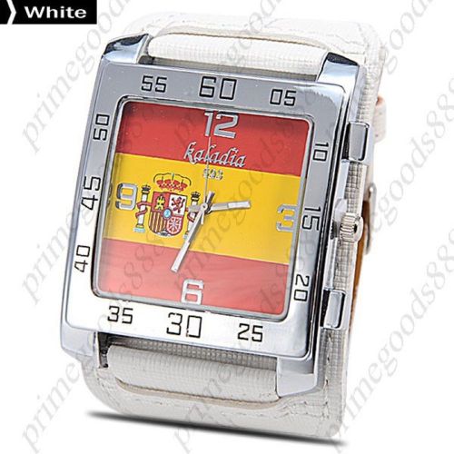 Spanish Flag of Spain Wide Rectangle Analog PU Leather Wrist Wristwatch White