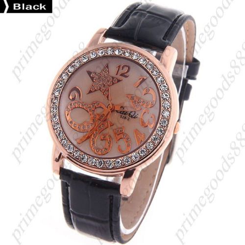 Round Star PU Leather Lady Ladies Wrist Quartz Wristwatch Women&#039;s Black