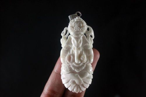 Carved Buffalo Bone Pendant Ganesha Handmade Jewelry 3&#034; w 925 Silver Bail #2
