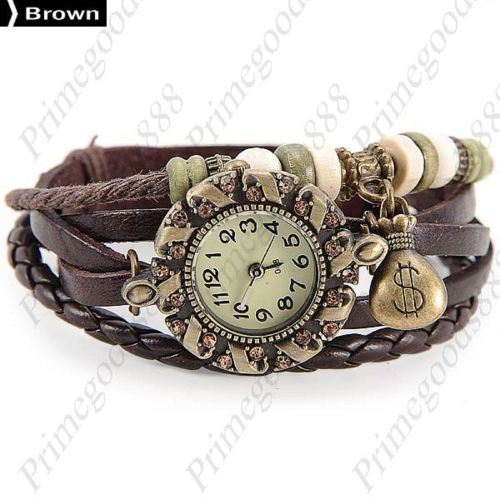 Crook Beads Purse Rhinestone PU Leather Lady Ladies Wristwatch Women&#039;s Brown