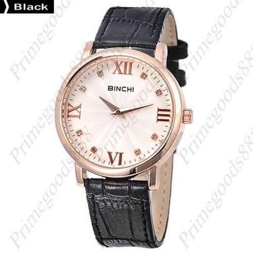 Genuine leather rhinestones 2 hand quartz analog wrist men&#039;s wristwatch in black for sale