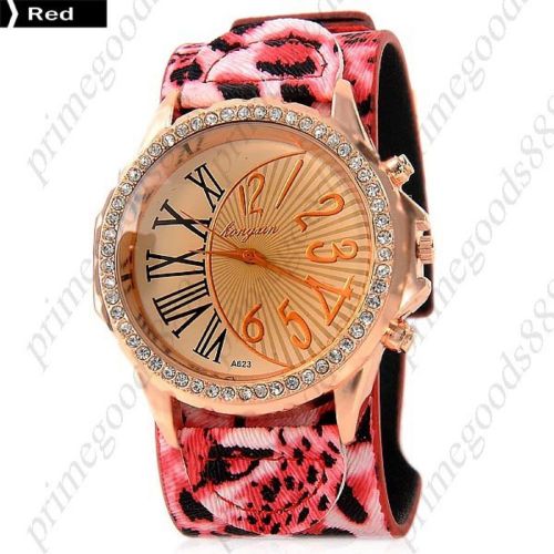 Leopard Rhinestones PU Leather Lady Ladies Wrist Quartz Wristwatch Women&#039;s Red