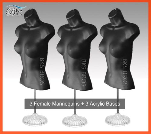 3 BLACK Female Mannequin Torso w/ACRYLIC Stand + Hanging Hook Dress Form Women