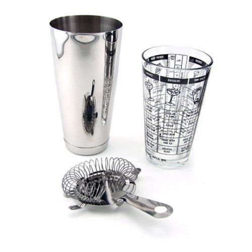 3-Piece Boston Shaker Set / Bartender Kit with Shaker, Recipe Glass and Strainer
