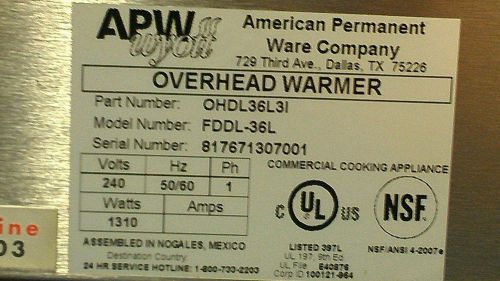 APW WYOFF OVERHEAD WARMER FDDL-36L