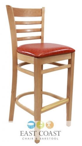 New wooden natural ladder back restaurant bar stool with orange vinyl seat for sale