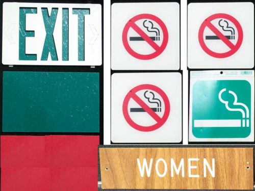 all 9 Exit Face Red Green No Smoking Smoking WOMEN BATHROOM RESTROOM DOOR SIGN