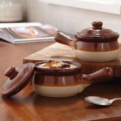 NEW Traditional Lidded French Onion Soup Brown Ceramic Crock Set/2 with Handles