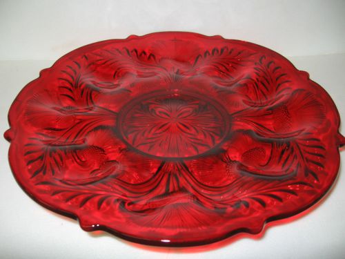Ruby Red glass Deviled Egg thistle serving Plate Platter tray hard boiled royal