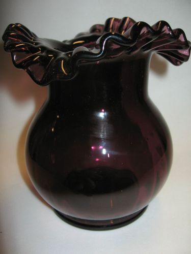 purple Amethyst glass ball vase / black flowers rose crimped top art dish floral