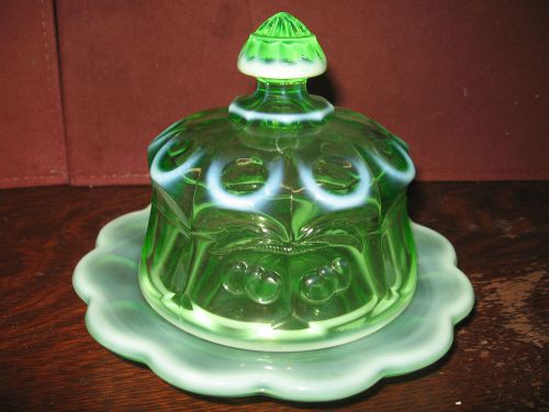 Green opalescent Glass serving domed butter dish cherry and cable pattern round