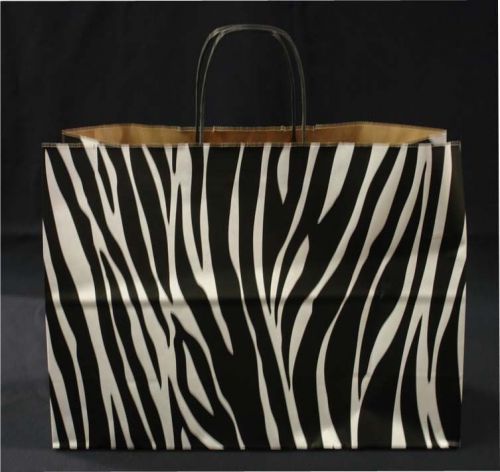 250 zebra skin print vogue kraft paper, soft twist handle retail shopping bags for sale