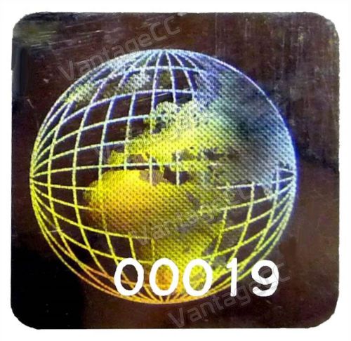 990x LARGE GLOBE Hologram NUMBERED Stickers, 20mm Square, Labels, Tamper-Proof