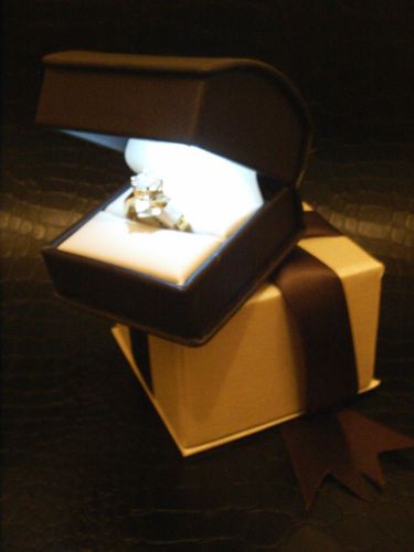 CHOCOLATE  BROWN / CREAM LEATHER LED LIGHTED SPOT LIGHT WEDDING BANDS RING BOX