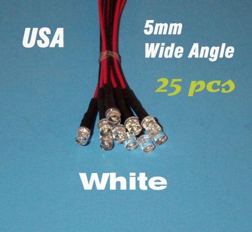 25 pcs  LED - 5mm PRE WIRED LEDS 12 VOLT ~ WIDE WHITE ~ 12V PREWIRED FLAT TOP